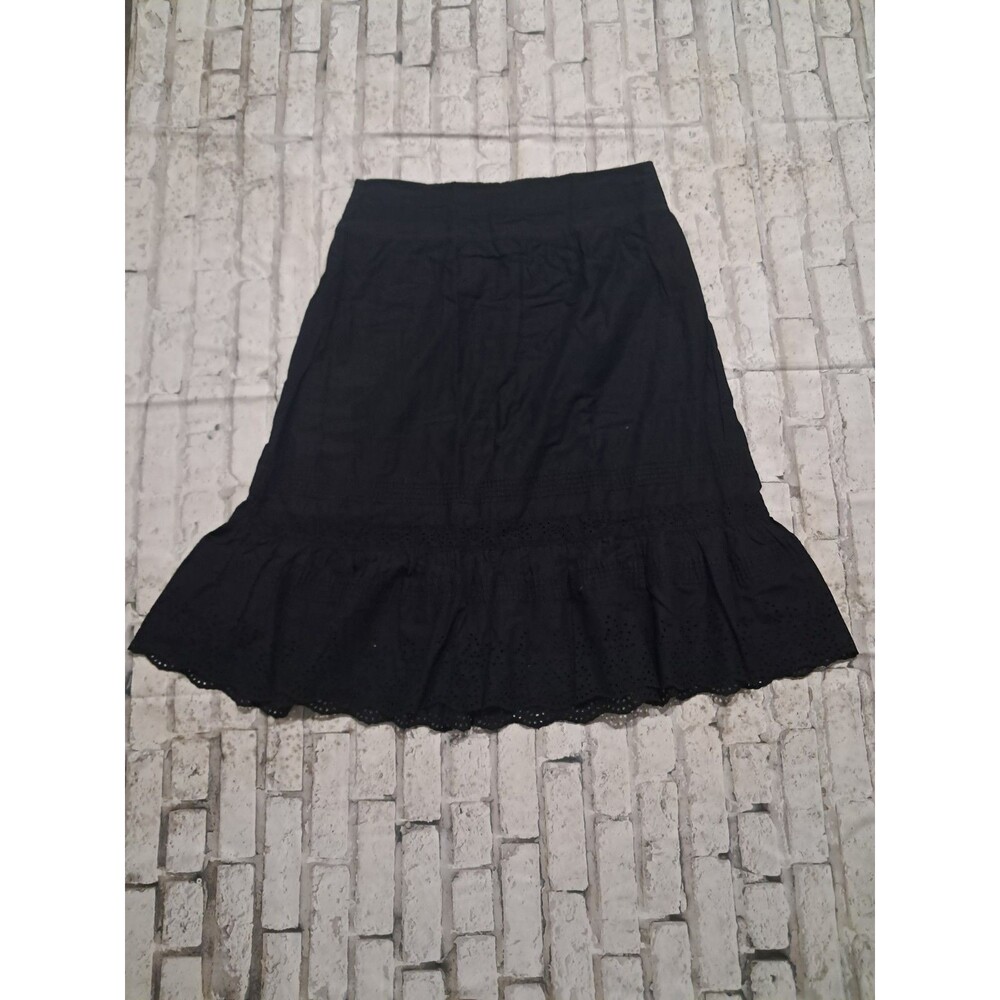 Chaps Women's Size 10 Black Midi Skirt Cotton Flared Ruffle with Eyelet Hem